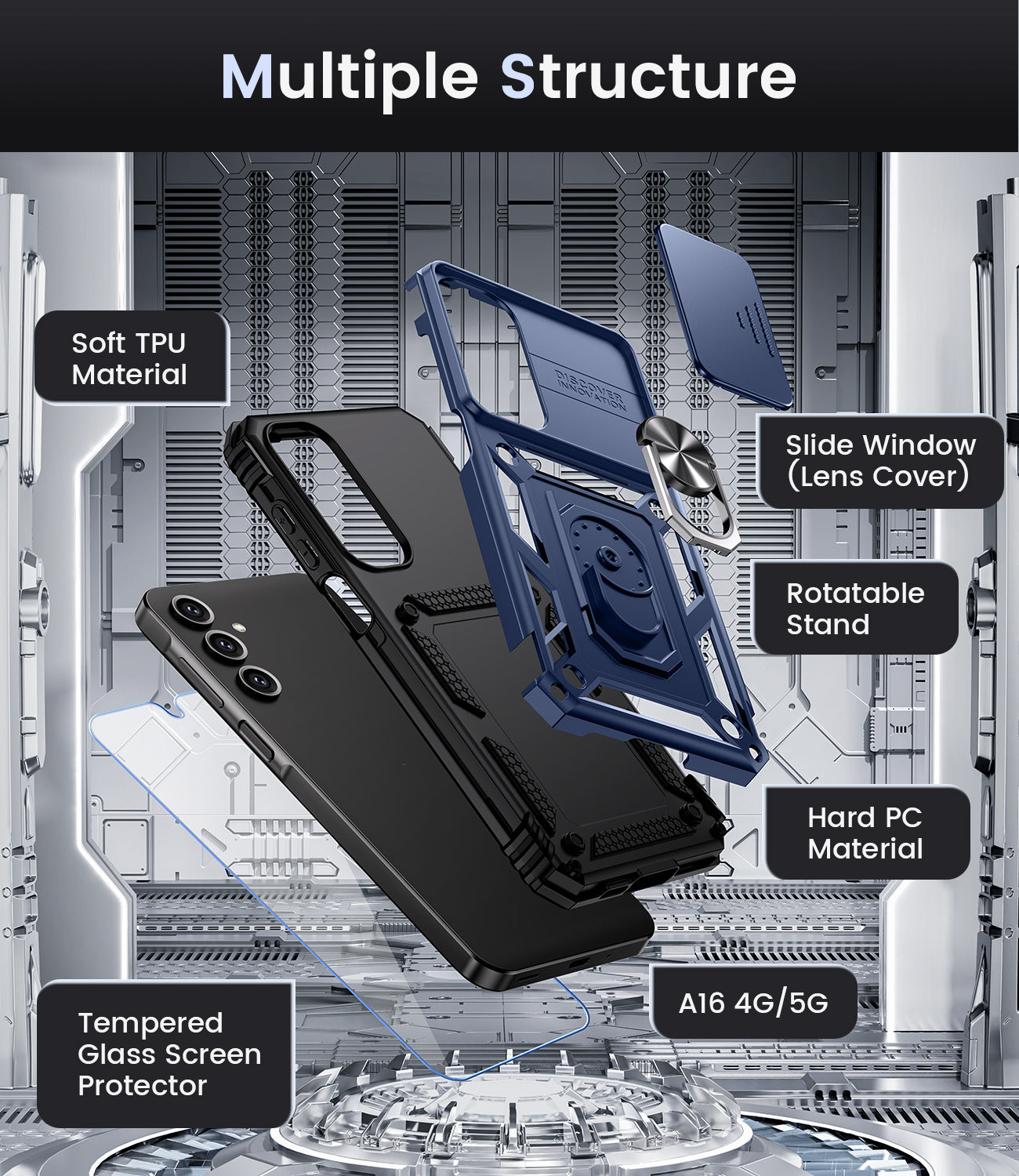 Chtoocy Compatible with Samsung Galaxy A16 5G Case with Camera Cover & 360° Kickstand Ring with Tempered Glass Screen Protector, Military Grade Shockproof Protective Bumper Cover for A16 5G 4G Blue