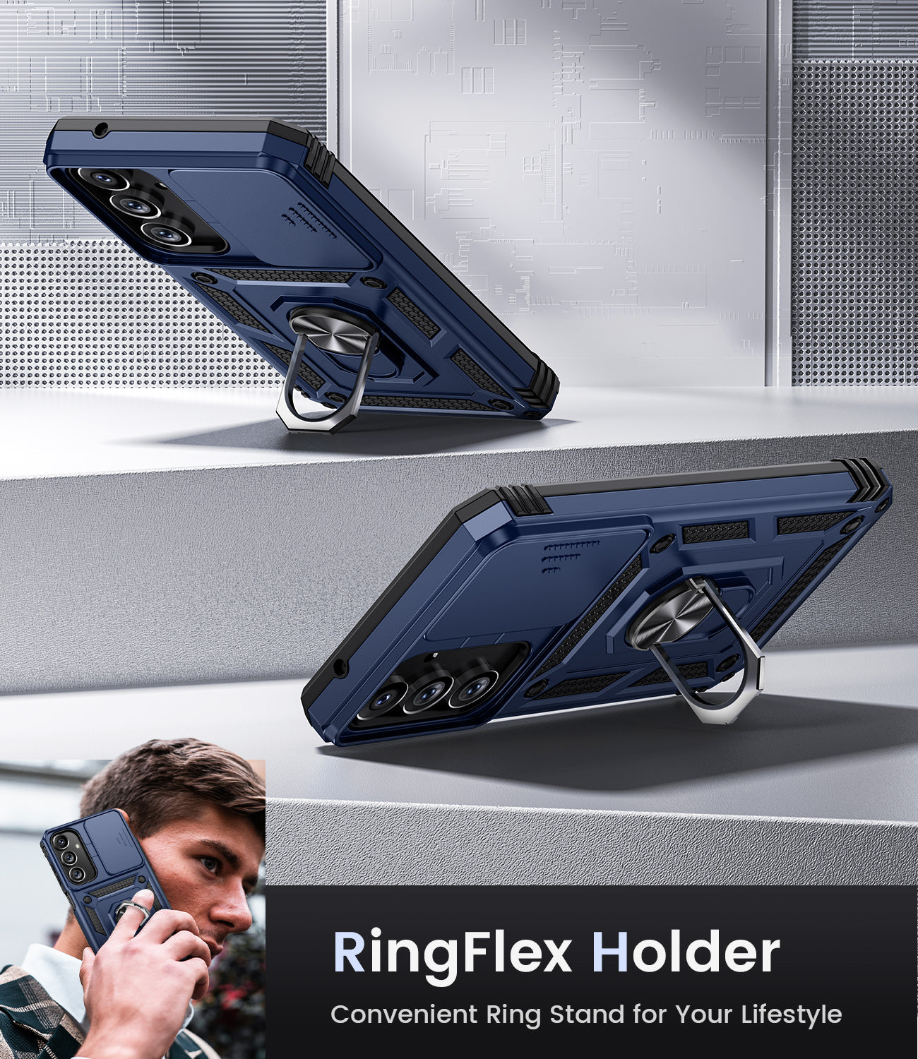Chtoocy Compatible with Samsung Galaxy A16 5G Case with Camera Cover & 360° Kickstand Ring with Tempered Glass Screen Protector, Military Grade Shockproof Protective Bumper Cover for A16 5G 4G Blue