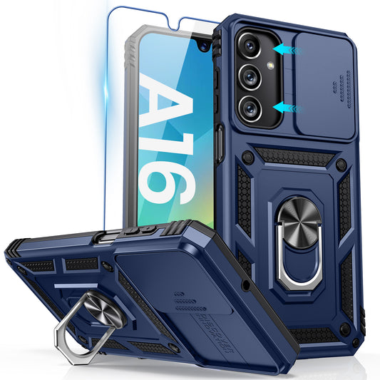Chtoocy Compatible with Samsung Galaxy A16 5G Case with Camera Cover & 360° Kickstand Ring with Tempered Glass Screen Protector, Military Grade Shockproof Protective Bumper Cover for A16 5G 4G Blue